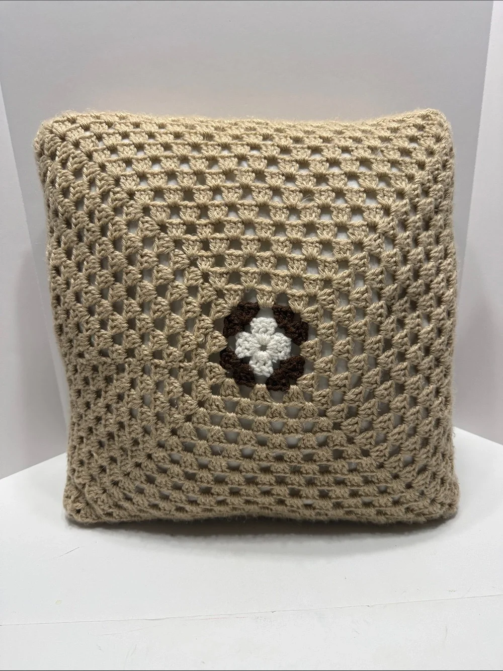Neutral Crochet Square Pillow with Center Flower Motif